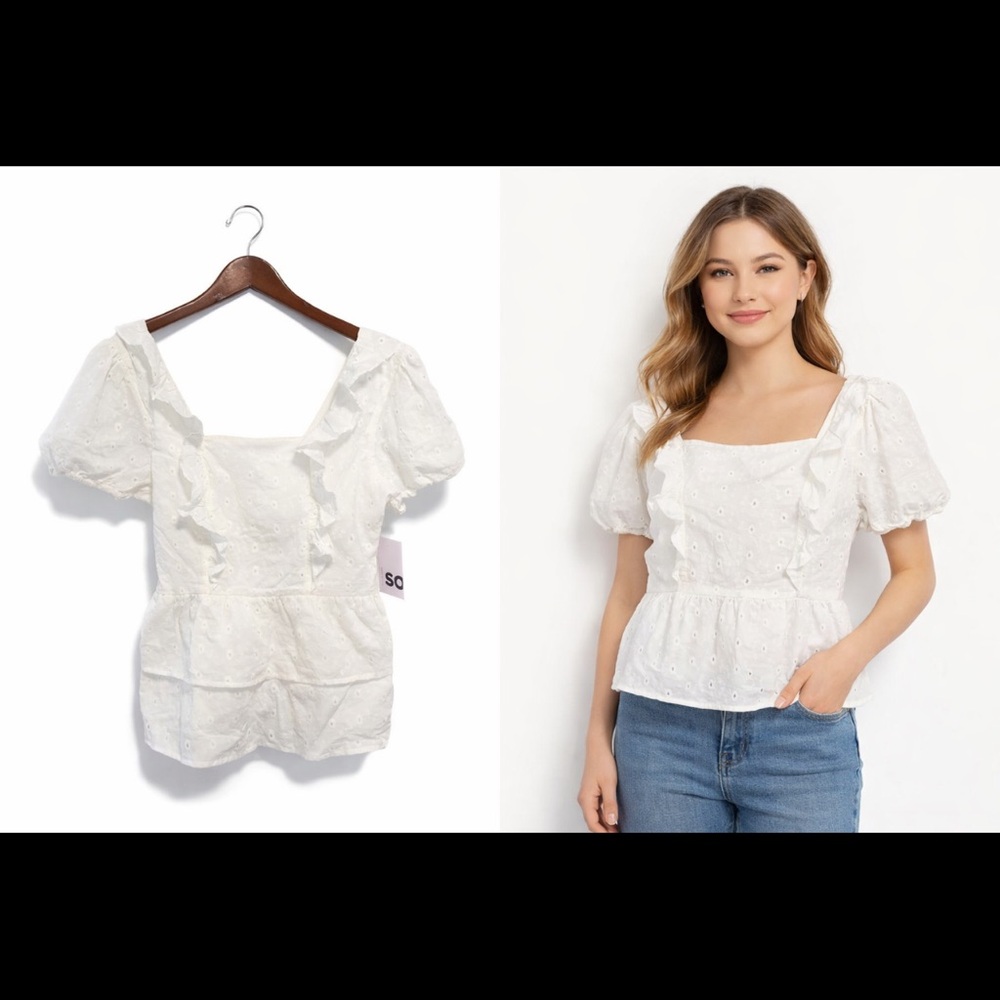 Cottagecore white Eyelet Peplum blouse Top Medium